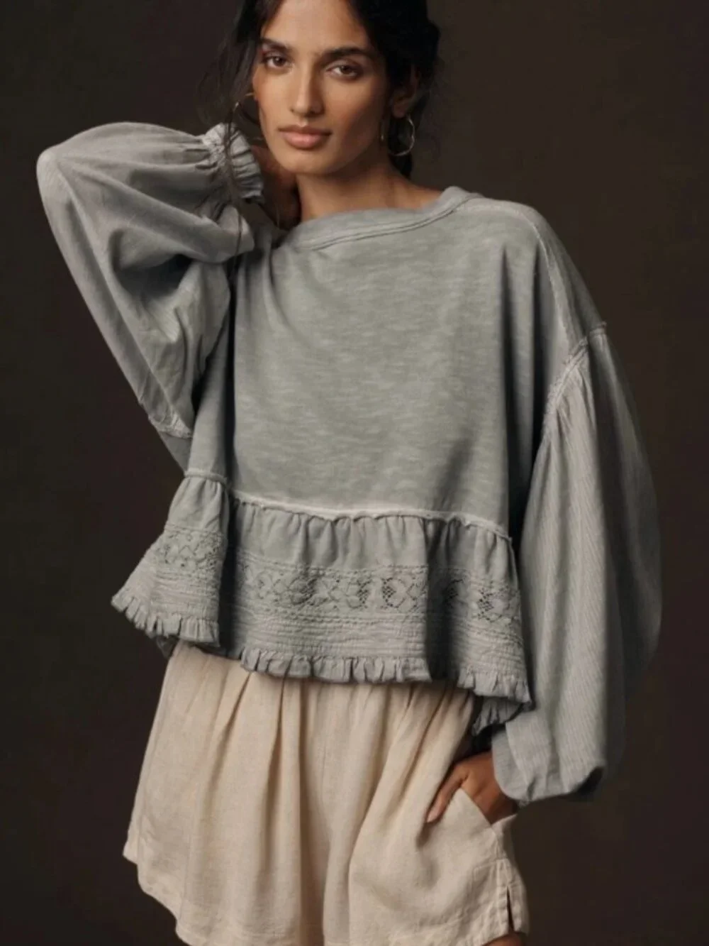 NWT Anthropologie Pilcro Long Sleeve Crop 100% Cotton Babydoll Top